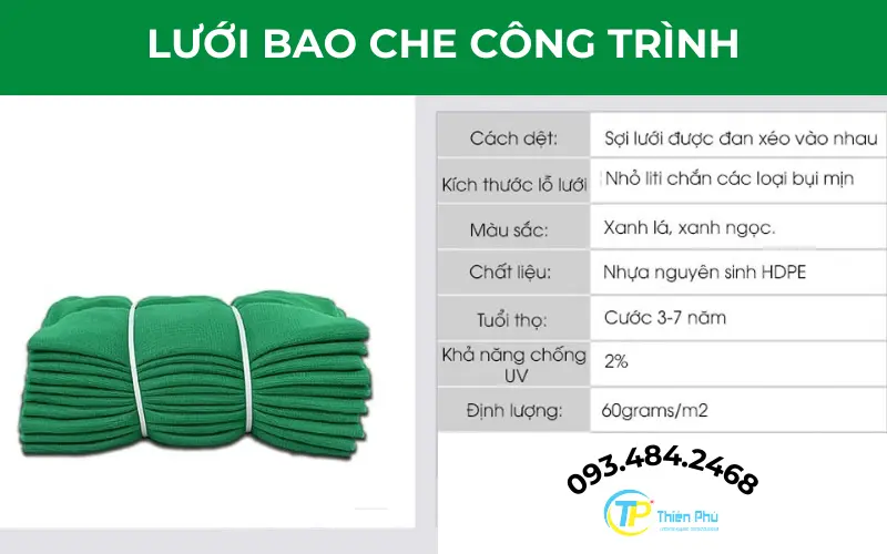 Thông số tham khảo lưới bao che công trình Thiên Phú